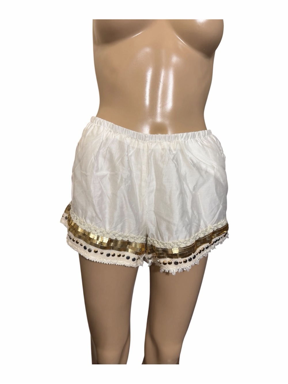 12th Tribe White Embellished Boho Shorts Gold Sequin Crochet - Picture 2 of 7